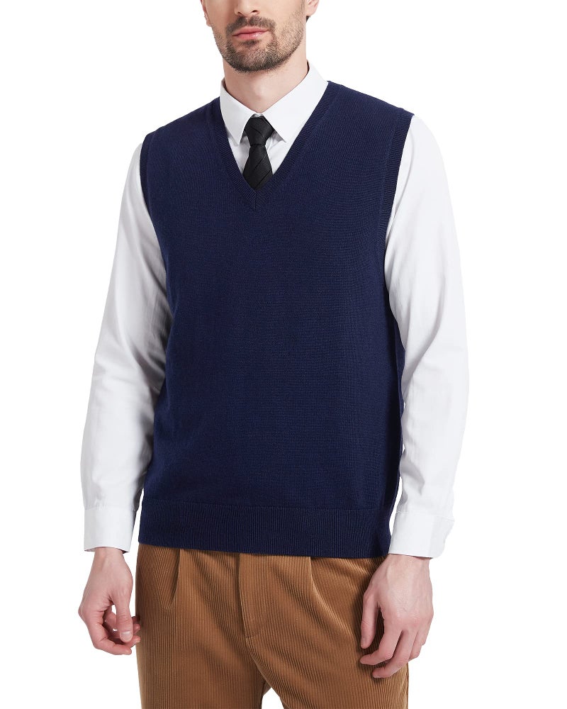 Kallspin Men's Wool Blended Vest Sweater Relaxed Fit V Neck Sleeveless Knitted Pullover (Navy Blue, Medium) - Image 1
